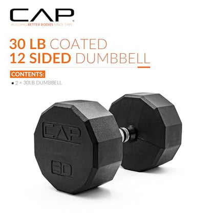 CAP Rubber Coated Dumbbell Weights, Free Weights for Home Gym Strength Training, Anti-Roll Hex Dumbbells with Black, Chrome & Comfort Grip Handles, Pairs & Sets - size: 30 lb - Pair, style: 12-Sided - Chrome Handle