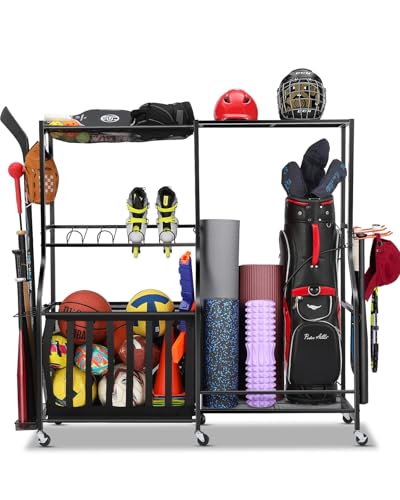EXTCCT Garage Sports Equipment Organizer with Wheels, Golf Bag storage Rack - color: Black - Large
