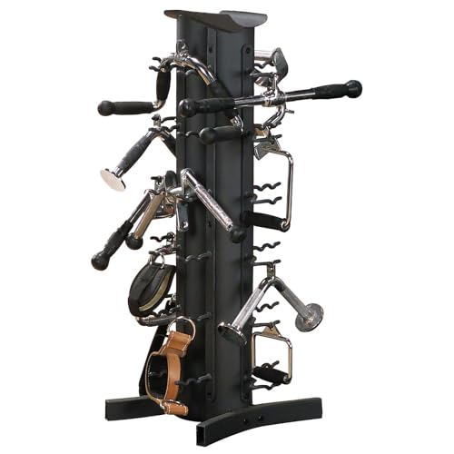 Body-Solid Vertical Gym Organizer Package with Lat and Curl Bar, Revolving Bars, Tricep Pressdown and Handles, Compact Storage Rack for 20 Handles & Straps, Home Accessories Organization - style: Rack w/ Accessories