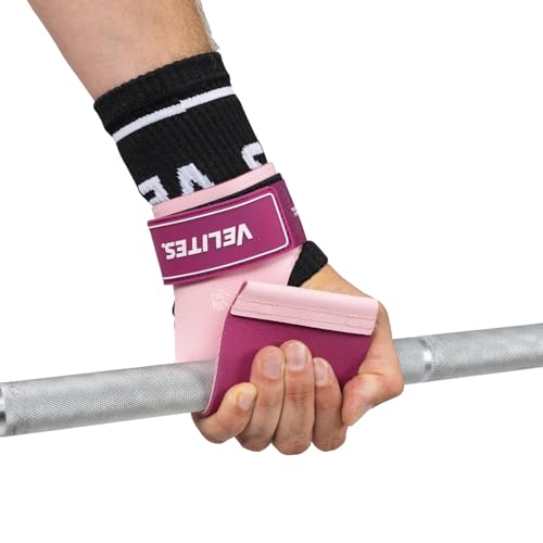 Velites - Official Crossfit® Games Quad Ultra Grips - No Chalk and Smooth Bars - Wristbands and Carry Bag Included - Pull-ups, Muscle-ups and Toes to bar - color: Pink, size: Large