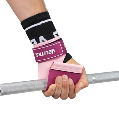 Velites - Official Crossfit® Games Quad Ultra Grips - No Chalk and Smooth Bars - Wristbands and Carry Bag Included - Pull-ups, Muscle-ups and Toes to bar - color: Pink, size: Large