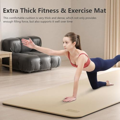 Wide Yoga Mat-80cm Non Slip Extra Thick 1/3'' Fitness Exercise Mat TPE Material High Resiliency Hot Yoga Mats(72“L x 32"W) With Carry Strap for Women Yoga Pilates, Home Floor Workout - color: beige