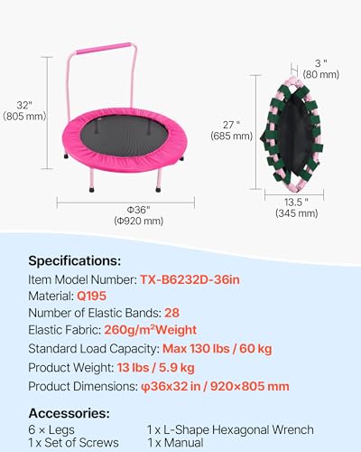 VEVOR 3FT Trampoline for Kids, 36" Trampolines Indoor/Outdoor Trampoline for Toddlers, Foldable Mini Baby Jump Toy with Foam Handle, Recreational Trampolines Birthday Gift for 3+ Years Kids