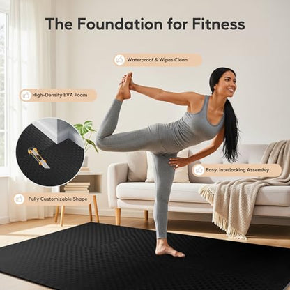 HealSmart Extra Thick Puzzle Exercise Mat 1", EVA Interlocking Foam Floor Tiles, Non-Slip Protective Padding for Workout Room, Home Gym, Daycare Flooring or Playroom, Black-1 Inch-24 SQ FT