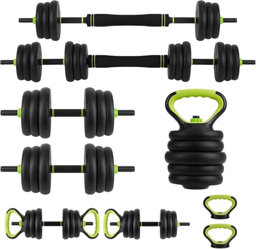 44Lbs Adjustable 4-In-1 Dumbbell Set, Sand Filled PE Dumbbells with Kettlebell Combo Multi-Function Strength Training Weights Home Gym Equipment for Bench Press Squats and Push-Up Handles
