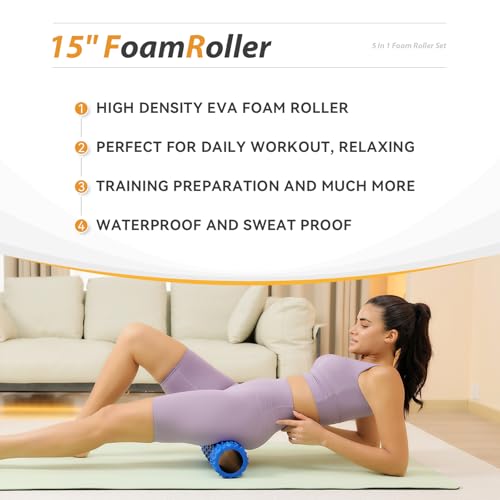 5 in1 Foam Roller Set, Trigger Point Foam Roller, Massage Roller Stick, Massage Ball, Resistance Band for Deep Muscle Massage Pilates Yoga,Fitness Exercise for Whole Body (Pure Blue)