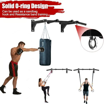 Wall Mount Pull Up Bar, Heavy Duty Steel PullUp Bar Fits Wood Studs, Multi Grip Pull Up Bar with Ball Finger & Round Rings, for Home Gym Garage Basement Strength Training Chin Up Bar