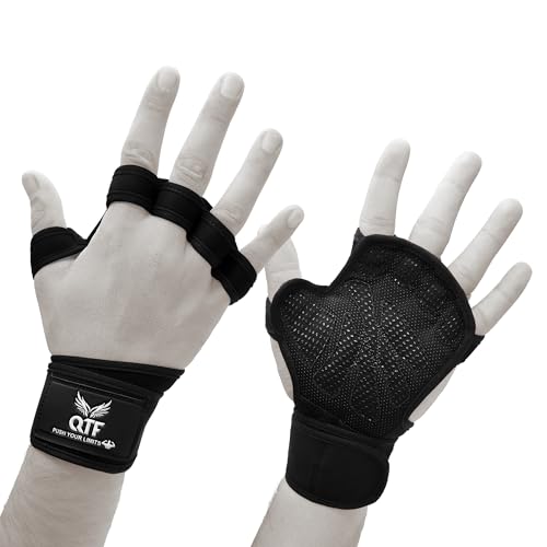 QTF Ventilated Weight Lifting Gloves for Men & Women Workout Gym Fitness Extra Grip with Wrist Support Wrap Cross fit Pull-ups Barbell Training Sports - color: Black, size: Medium