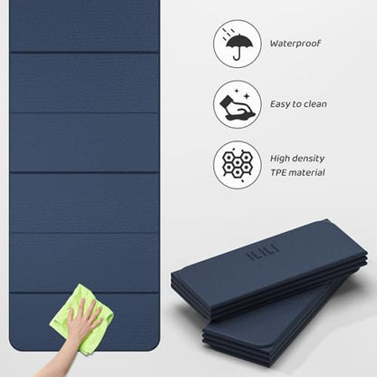 ILILI Foldable Yoga Mat 71 * 24 * 0.3'' - TPE Non-Slip Fitness Mat for Home，Waterproof & Lightweight (2lb) for Home Gym, Pilates & Stretching,Fitness Workouts - color: Dark Blue