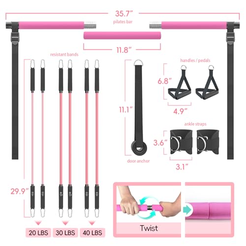Pilates Bar Kit with Resistance Bands, Portable Pilates Bar for Home Gym Yoga & Full Body Workouts, Pilates Equipment for Women, Fitness Set for Strength Stretching Flexibility Training