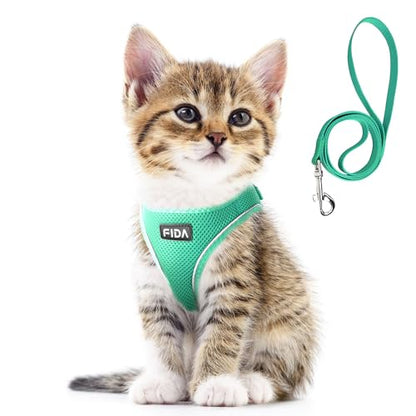 Fida Cat Harness and Leash Set for Walking Kitten and Puppy, Escape Proof Kitten Harness with Breathable Lightweight Soft Mesh, Adjustable Reflective Step-in Design. (XXXS, Green) - color: Turquoise, size: XXXS (Neck:10.2"-11.4"; Girth:11.4"-12.6")