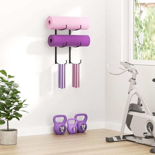 Yoga Mat Holder Wall Mount, 3-Tier Storage Rack for Yoga Mat, Foam Roller, Block, Yoga Accessories, Wall Organizer for Home Gym, Gym, Workout Room, Metal, Black