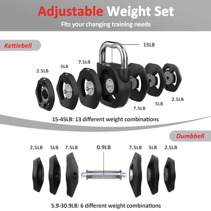 2-in-1 Adjustable Kettlebell, 15-45lbs Kettlebells Weight Set | Converts to 5.9-30.9lbs Adjustable Dumbbell, Home Gym, Strength Training, Full Body Workout, Cast Iron - color: Black