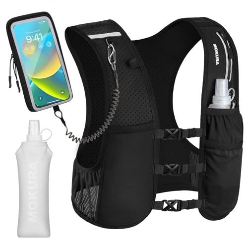 Running Vest for Women Men, Lightweight Hydration Vest with 500ML Soft Flask & Phone Holder, Reflective Running Backpack, Adjustable Run Pack Water Bottle, Runner Marathon Essentials