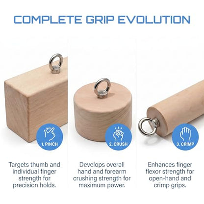 3 Pcs Wooden Grip Strength Trainer Set, Ergonomic Pinch Block Grip Workout Kit, Premium Natural Wood Hand Finger Forearm Strengthener with Stainless Steel Carabiners for Climbing, Weightlifting, Fitness, Home Gym & Rehab Training