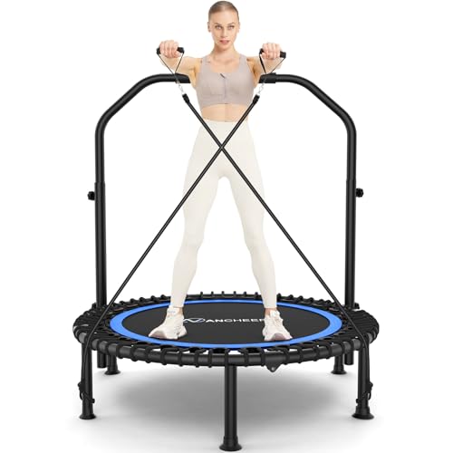 ANCHEER 40"/48" Foldable Mini Trampoline,Max Load 450lbs/550lbs Indoor Trampoline,with 4 Level Adjustable Foam Handle and Resistance Bands,Adult Exercise Trampoline for Home, Garden, and Gym - color: Blue, size: 40 inch