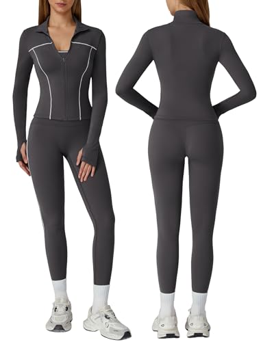 OMEWEE Womens workout sets Contrast Long Sleeve Jacket with Sports Bra and Butt-lifting Pants Yoga Outfits 3 Pieces Set - color: Grey, size: Medium