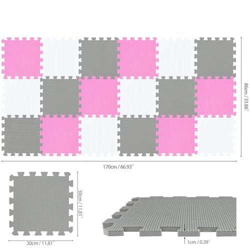 qqpp EVA Rubber 18 Tiles Interlocking Puzzle Foam Floor Mats - Baby Play Mat for Playing | Exercise Mat for Home Workout. White, Pink, Gray. QC-ACLb18N