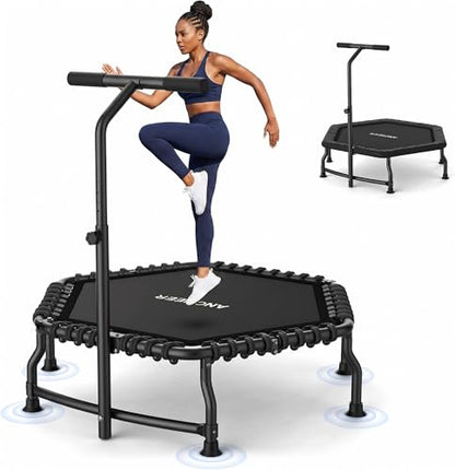 ANCHEER Trampoline, 50'' Rebounder Trampoline for Adult with Bar, Indoor Mini Trampoline, 550LBS Fitness Trampoline with Bungee, Jumping Cardio Equipment, Exercise Trampoline at Home Gym - color: Light Black