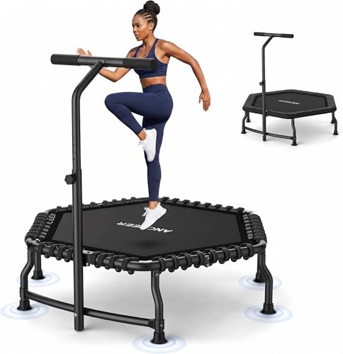 ANCHEER Trampoline, 50'' Rebounder Trampoline for Adult with Bar, Indoor Mini Trampoline, 550LBS Fitness Trampoline with Bungee, Jumping Cardio Equipment, Exercise Trampoline at Home Gym - color: Light Black
