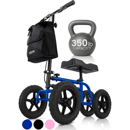 Vive Mobility All Terrain Knee Scooter Walker for Foot Injuries - Adult Broken Leg Crutch Cart Roller for Surgery, Broken Foot, Ankle Injury - Kneeling Rolling Steerable Seated Wheel Scooter Aid - color: Blue