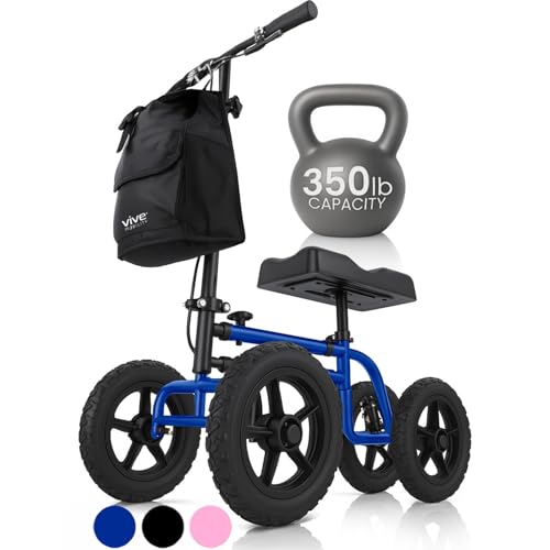 Vive Mobility All Terrain Knee Scooter Walker for Foot Injuries - Adult Broken Leg Crutch Cart Roller for Surgery, Broken Foot, Ankle Injury - Kneeling Rolling Steerable Seated Wheel Scooter Aid - color: Blue
