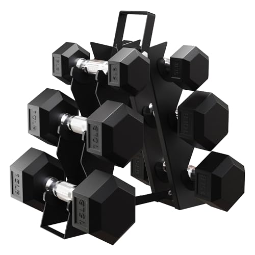 BalanceFrom Premium Rubber Encased Hex Dumbbell Sets, 46LBS Set, 60LBS Set, 100LBS Set - style: 3-Pair Set with A-Rack: 60 lbs