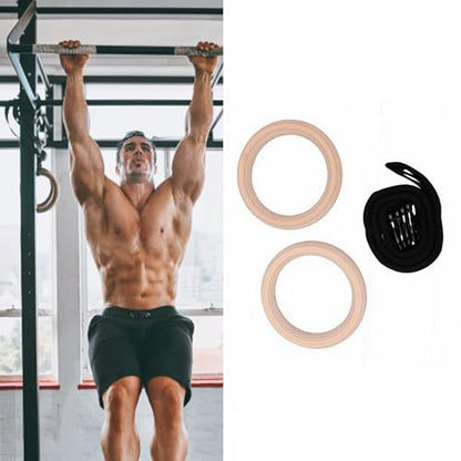 Full Body Workout Rings with Adjustable Straps | Birch Wood Gymnastic Rings for Pull Ups Upper Body Strength Balance Training 2 Pack