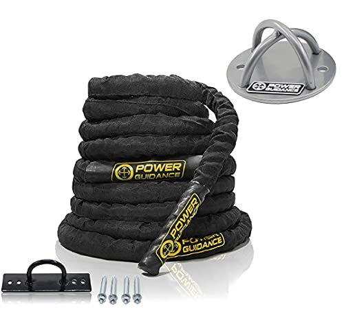 POWER GUIDANCE Battle Rope 1.5 Inch Diameter Poly Dacron 30Ft Length Exercise Equipment for Home Gym &Wall and Ceiling Mount Bracket for Suspension Straps Gymnastic Rings Yoga Swings