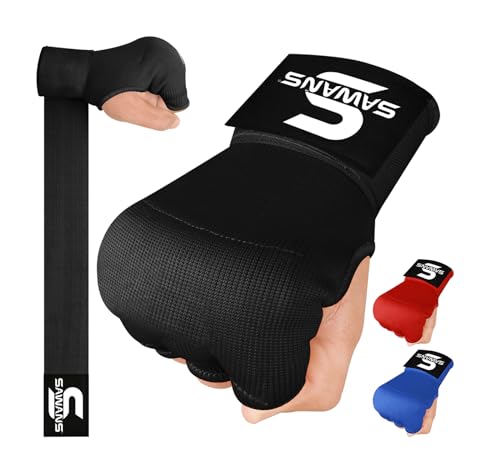 SAWANS Boxing Hand Wraps Inner Gloves for Hand Protection Long Wrist Straps Elasticated, Padded Martial Arts Combat Gloves Punching Bag Training Gel Mitts Muay Thai MMA - size: Small-Medium