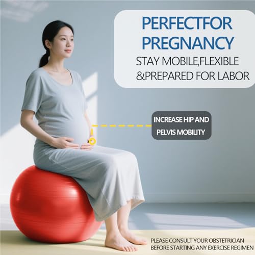 Exercise Ball Pilates Yoga Ball Anti-Burst and Slip Resistant - for Fitness, Pregnancy, Stability, Balance, Core Workout - Red Training Ball w/Pump for Home Office Gym
