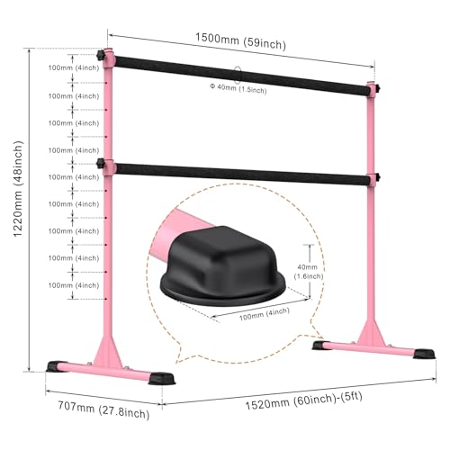 Height Adjustable Ballet Barre, Heavy Duty Freestanding Dance Bar, Anti-Slip Sturdy for Kids & Adults, Ideal for Home, Ballet, Fitness, Yoga - color: 5ft (Fabric Covered Crossbar, Pink)