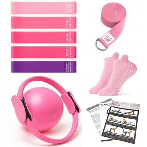 Pilates Ring Circle Set - Workout at Home Workout Equipment Women - Booty Bands Stretching Equipment Pilates Mini Exercise Ball for Legs Arms and Thighs