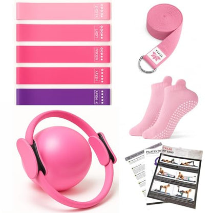 Pilates Ring Circle Set - Workout at Home Workout Equipment Women - Booty Bands Stretching Equipment Pilates Mini Exercise Ball for Legs Arms and Thighs