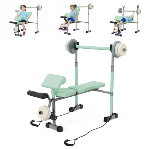 Kids Workout Equipment, Adjustable Kids Workout Bench with Preacher Pad & Leg Developer, Fillable Weight Plates for Home Gym Fitness & Exercise