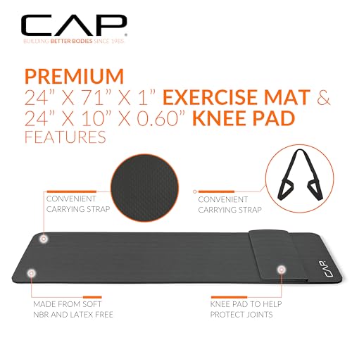 CAP Barbell 1/2-Inch High Density Exercise Yoga Mat with Strap | Multiple Options - color: Black, style: Yoga Mat w/Knee Pad