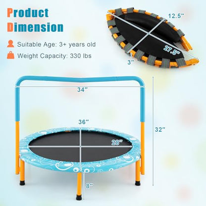 GYMAX Indoor Trampoline, 36” ASTM Approved Kids Trampoline with Removable Handrails & Safety Pad, Spring-Free Folding Mini Rebounder, Small Fitness Trampoline for Toddler/Adults