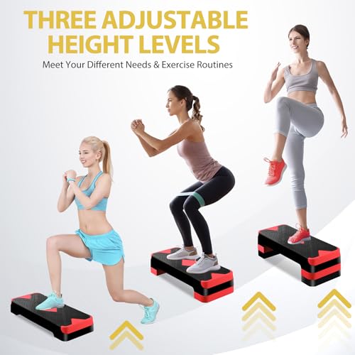 ZENY 26.5 inch Aerobic Step Platform with 4 Step Risers, Height Adjustable Exercise Stepper for Home Gym Workouts, 400 lbs Capacity - color: Red