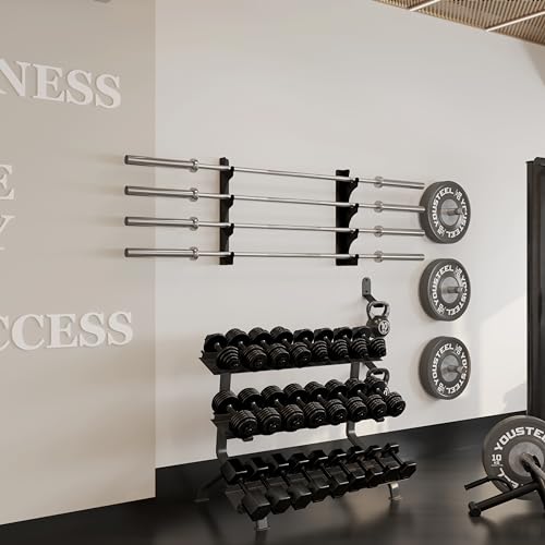 Barbell Rack Single Hook Wall Mount Heavy Duty Vertical Barbell Holder Weight Bar Holder for Olympic Barbell, Curl bar, Commercial or Home Gym Accessory (4 bars)