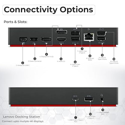 40AY0090US Lenovo Thinkpad Docking Station Dual Monitor - Supports 4K Display, Thinkpad Dock with 90W Adapter, HDMI, DisplayPort, USB C Cables & Cloth - Lenovo Docking Station