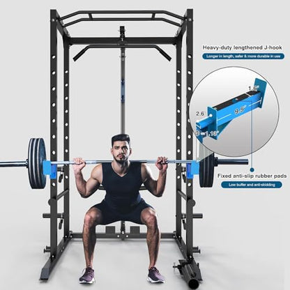Power Cage, Multi-Functional Power Rack with J-Hooks, Dip Handles, Landmine Attachment and Optional Cable Pulley System for Home Gym - size: Power Cage with Pulley System