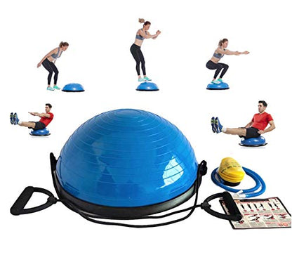 Half Ball Balance Trainer, Half Yoga Balance Board Exercise Ball for Full Body Workout, Stability Ball Platform, Core AB Training Strength Home Workout Fitness Physical Therapy, 2 Resistance Bands