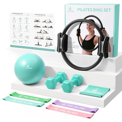 Pilates Ring Set - Studio-Grade Anti-Deformation Pilates Kit - Pilates Equipment for Home Workout - 14'' Pilates Ring, Pilates Ball, 2 Dumbbells, 5 Resistance Bands for Toning Arms, Thighs - color: Black Pilates Set