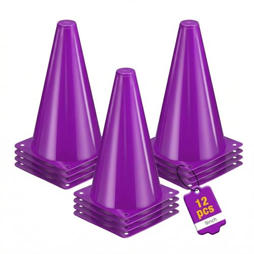12pcs Cones 9 Inch Soccer Cones and Plastic Traffic Cones, Durable Cones for Sports Training, Ideal for Soccer, Basketball, Football, Skating, and Agility Drills Practice - color: purple