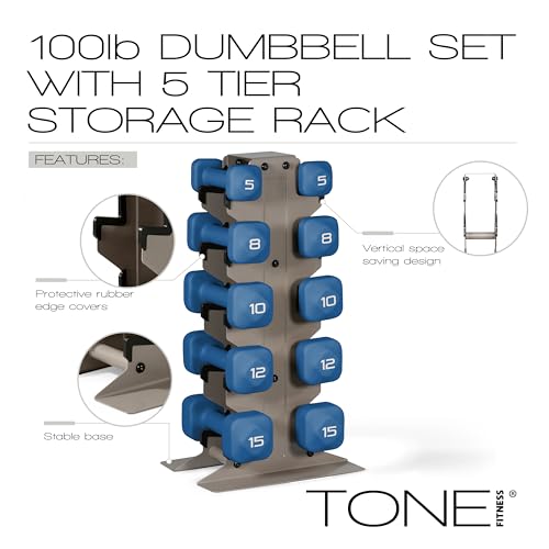 Tone Fitness Neoprene Dumbbell Set with Storage Rack – Non-Slip, Anti-Roll Hand Weights for Home Gym Workouts | 20 lb, 32 lb, 50 lb, 60 lb & 100 lb Options