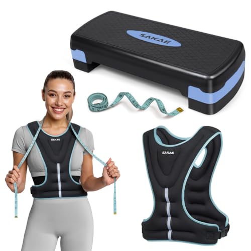 Adjustable Height Aerobic Stepper Set, Multiple Bundle Options with Dumbbells, Kettlebell, Waist Trimmer, Ankle Weights or Weighted Vest, Workout Exercise Step Platform w/Level Risers, 4 Colors - color: Blue Black, size: e. W/ Weighted Vest