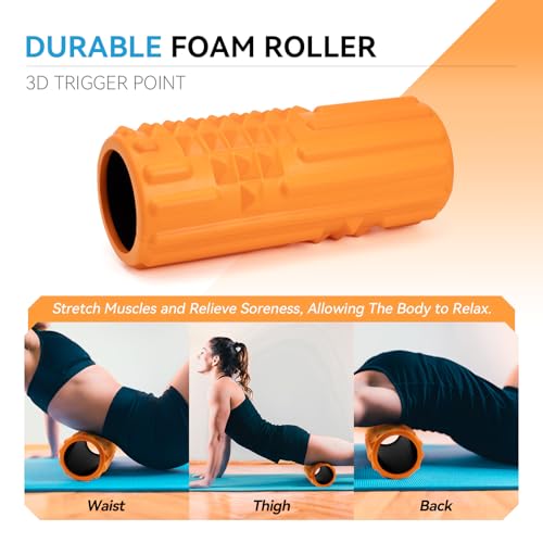 5 in 1 Foam Roller Set, High Density Fitness Exercise Foam Roller for Deep Tissue Muscle Massage, Massage Roller, Massage Ball, Resistance Band, for Whole Body(Orange)