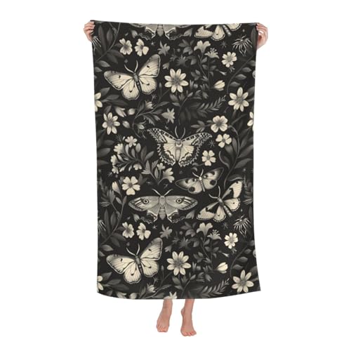 Retro Moth Beach Towel, 32x52in Microfiber Quick Dry Monochromatic Butterfly Floral Black Vintage Bath Towels, Soft Lightweight Oversized Sand Free, for Travel Pool Swimming Gym Decor, Gifts - color: Moth