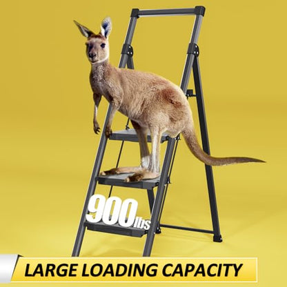KINGRACK Step Ladder 4 Step Folding, 900lbs 4 Step Ladder with Anti-Slip Wide Pedal and Handrails, Lightwight Household Ladder, Pass 900LBS Testing, for Your Kitchen, Pantry, Closets, Office Use - size: 4-step with handrail