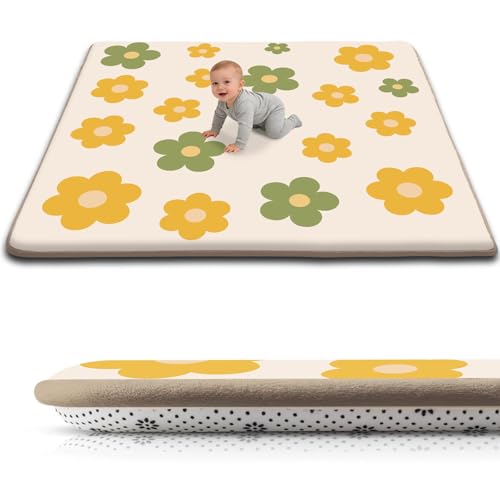 Baby Play Mat for Floor, 1.3-Inch Thickened Foam Soft Padded Playmat for Tummy Time, 59x79 Water-Repellent Coral Velvet Playpen Mat for Toddlers Infant Kids, Floral Prints